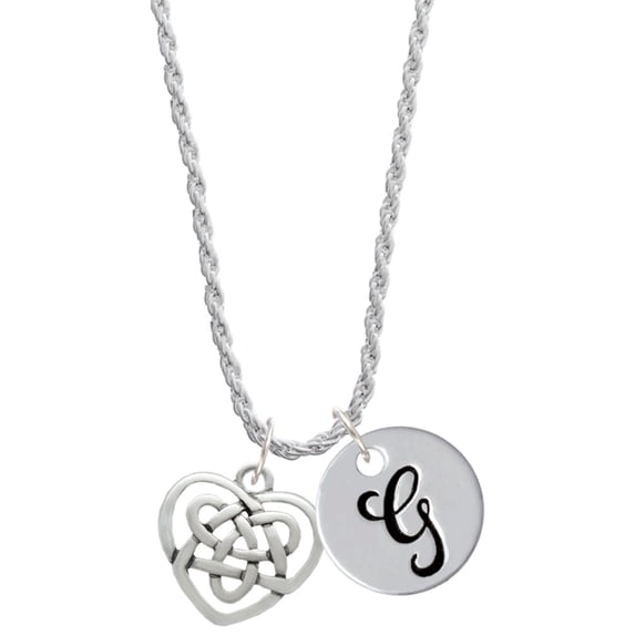 Delight Jewelry Silvertone Celtic Knot Heart Silvertone Script Initial Disc - G - Charm Necklace, 20"+3"