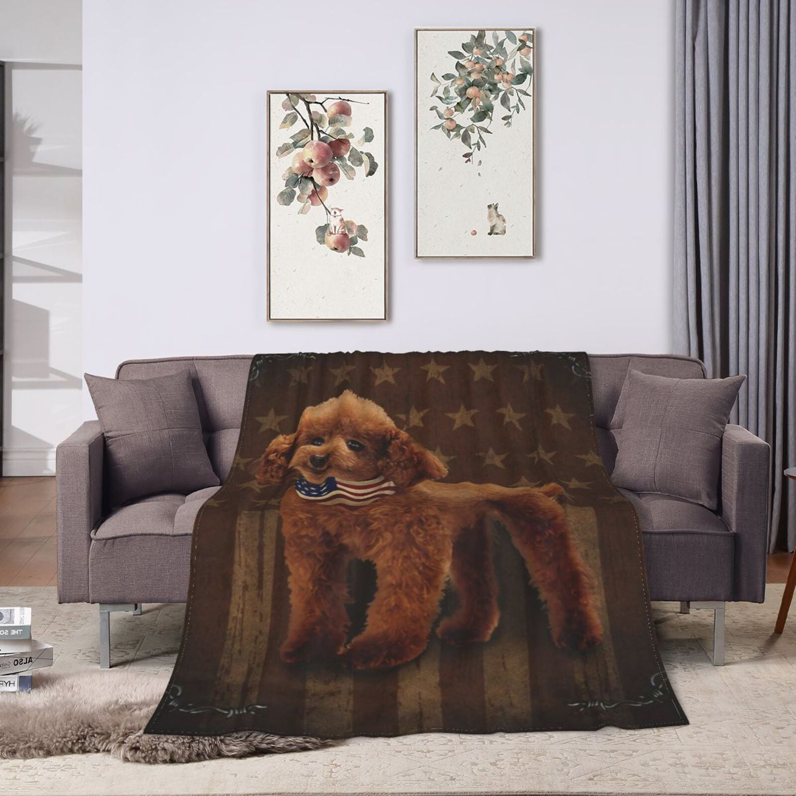 Wijzvio Cockapoo Dog With Vintage American Flag Throw Blanket Soft Fuzzy Fleece Blanket For Couch Bed Living Room Decoration 60"X50"