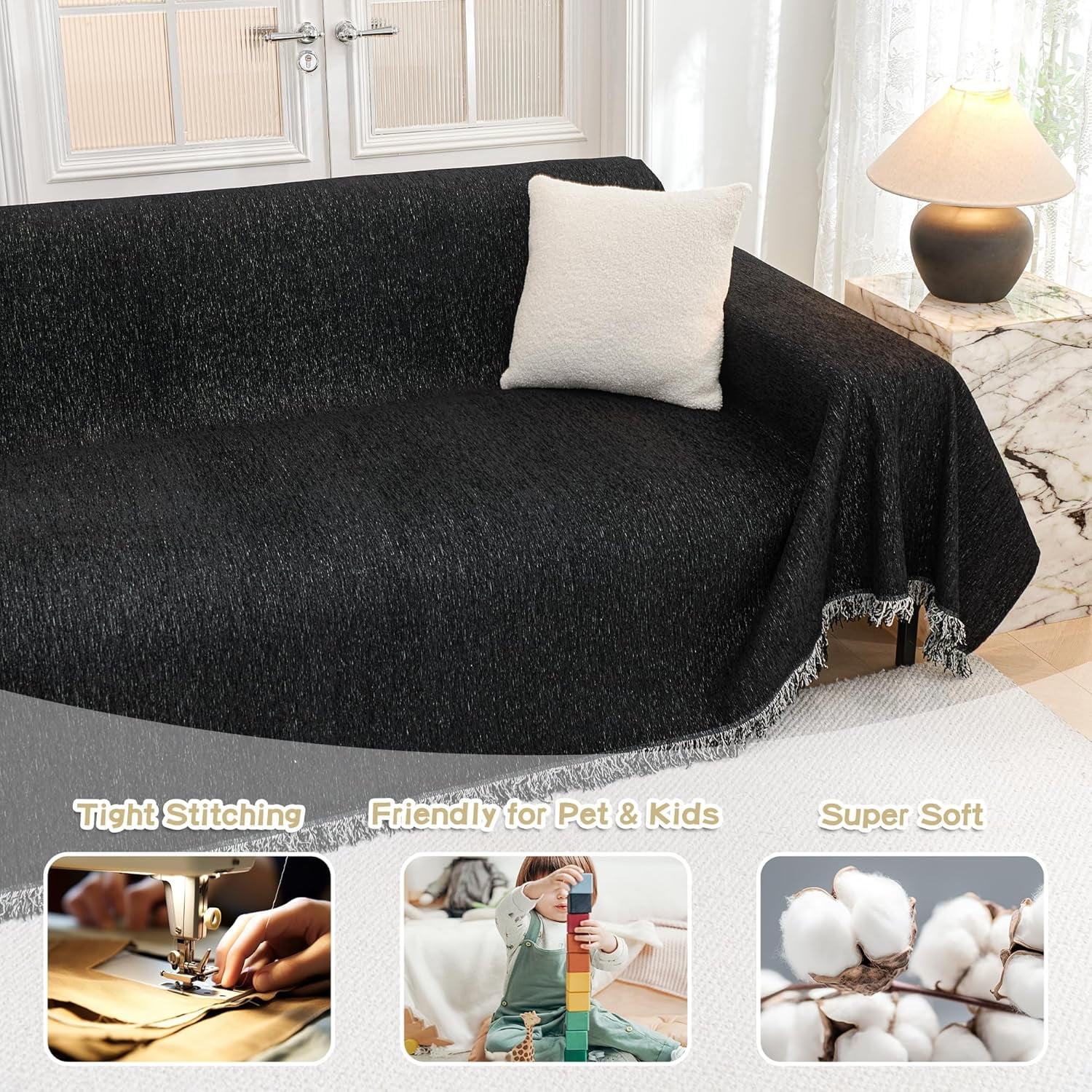 Sectional Cover Couch, Sofa Cover Couch Covers for Sofa, Couch Sofa Covers for 3 Cushion Couch Sofa, Non Slip Soft Couch Sofa Cover, Couch Cover for Dogs Washable Furniture Protector, 71"x134", Black