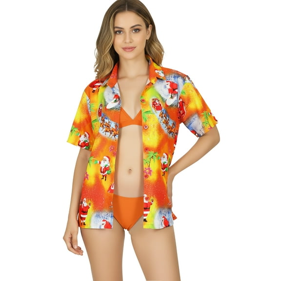 LA LEELA Women's Beach Funny Santa Claus Party Blouse Shirt Tops Short Sleeve Shirts Christmas Tree Hawaiian Blouses for Women L Xmas Gifts, Orange