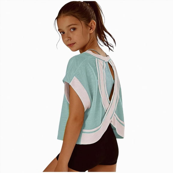 Sgkm Teen Girl Shirts Open Back Crop Short Sleeve Workout Tee for Casual Athletic Gym Summer Running Green 13-14 Years