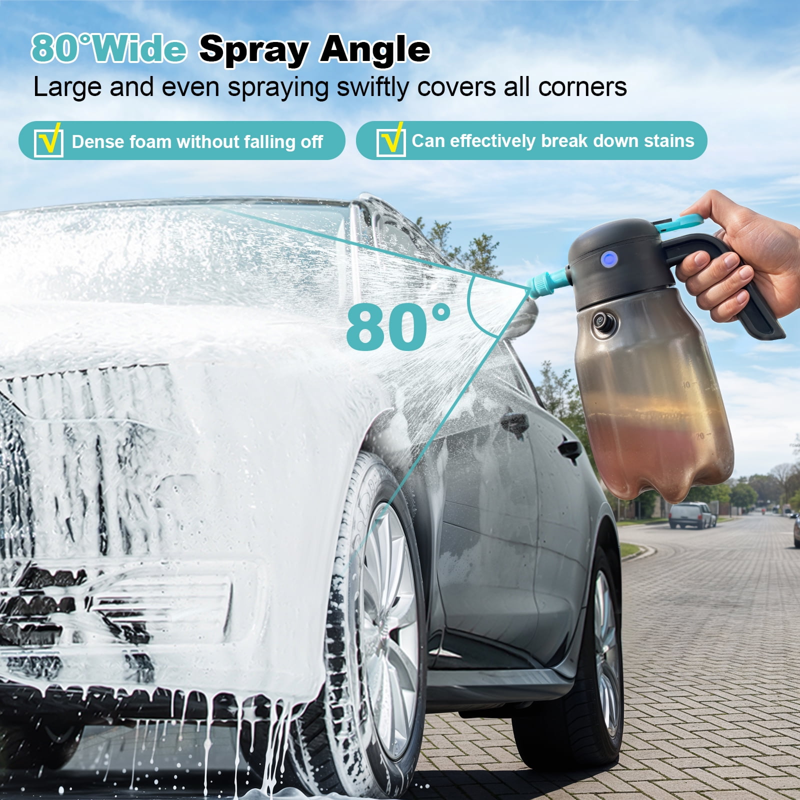 SideKing Electric Foam Sprayer, Car Wash Foam Sprayer,60PSI, 68oz/2L Cordless, Rechargeable 4000mAh Battery Foam Blaster for Car Detailing, Garden, RV with Adjustable Nozzles