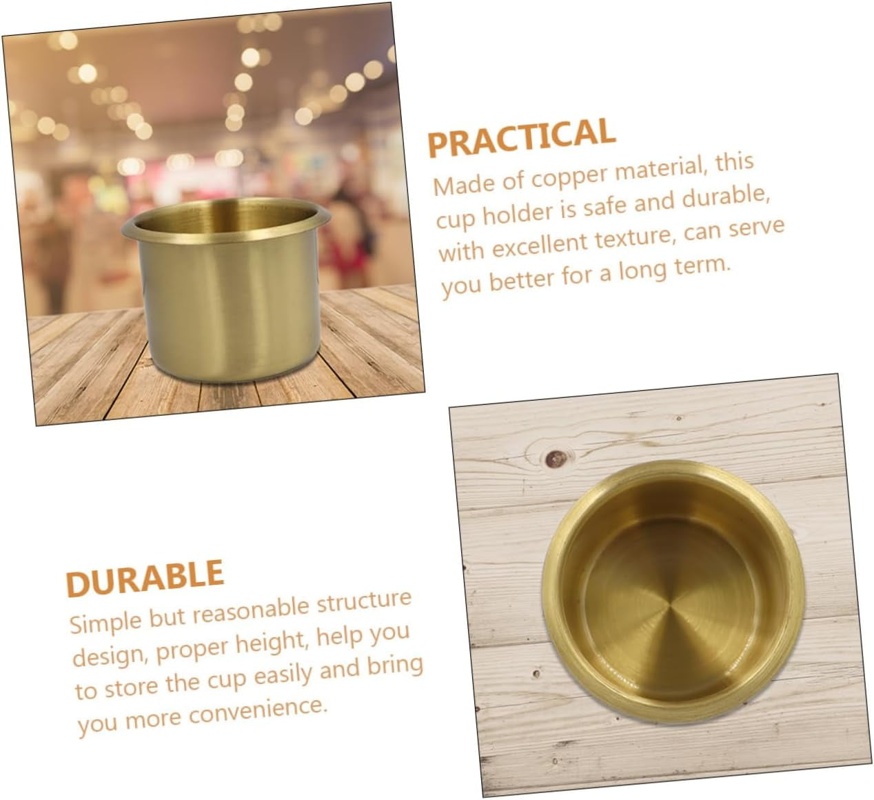 ABCISI 4pcs Copper Cup Holders for Storage, Stainless Steel with Brass Plating, Universal Drink Holders Fit Rvs Boats Cars and Trucks, 6.7*5.5cm, Gold