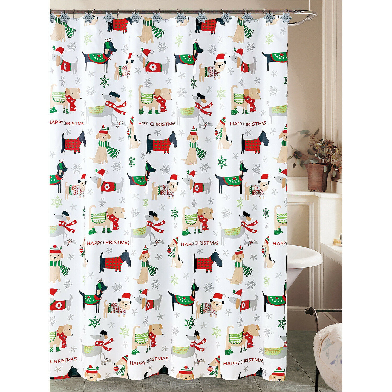 Dogs In Sweaters Holiday, Tall Snowman Shower Curtain