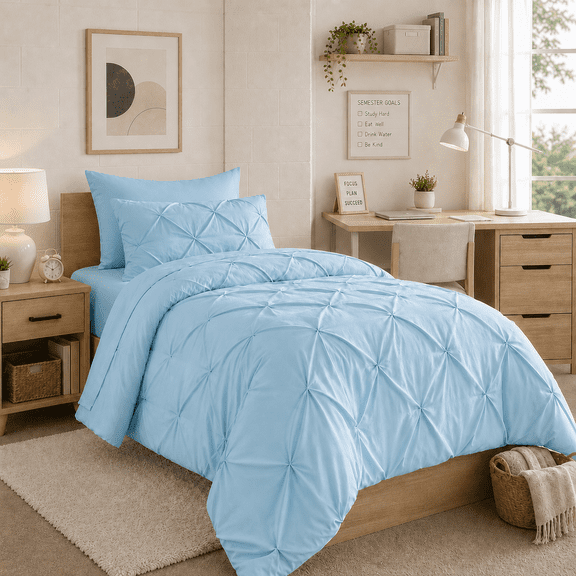 YEPCLUB Blue Twin Size Pintuck 5-Piece Comforter Set, Pinch Pleat Bed in a Bag, All Season Down Alternative Bedding Set with Comforter, Sheets, Pillowcase & Sham