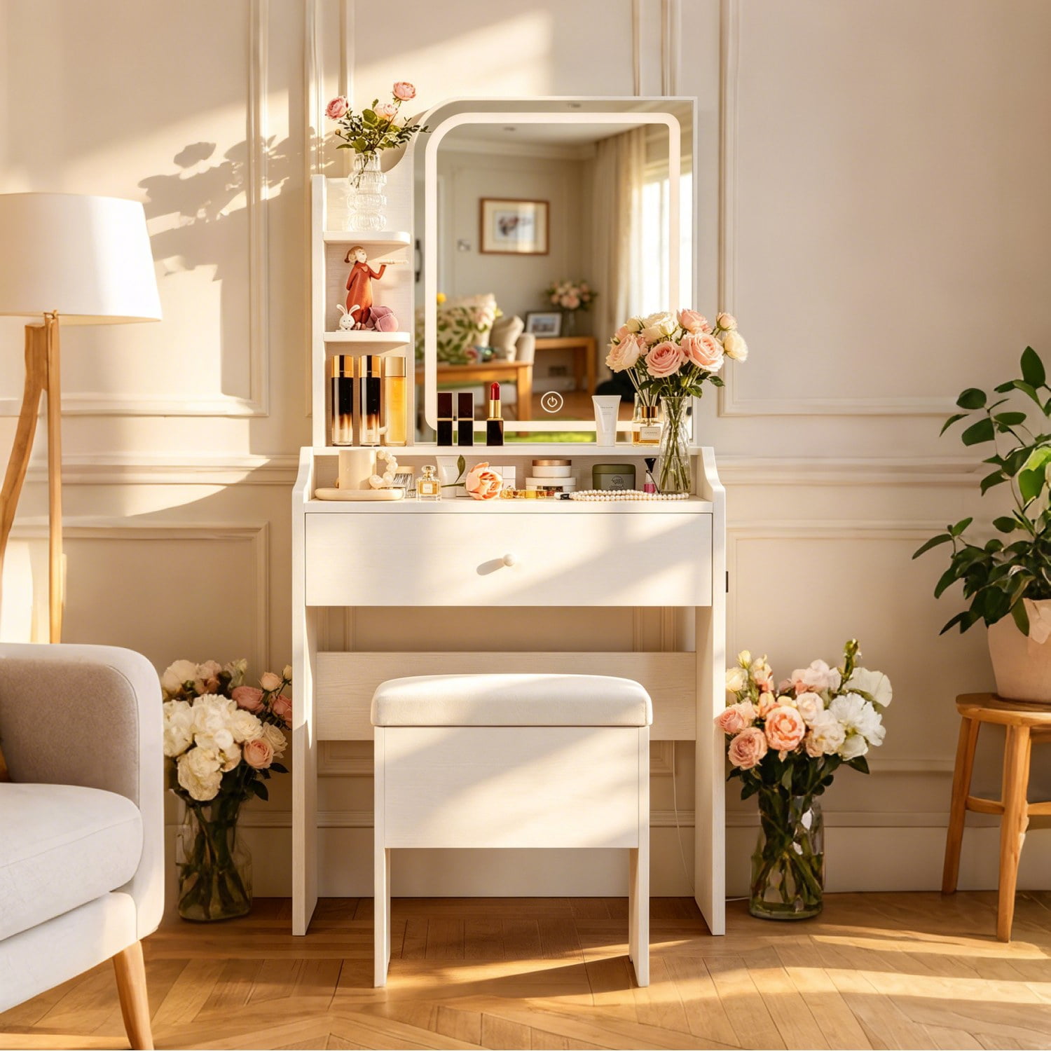 White vanity set includes smart LED mirror, women's bedroom makeup table with storage; suitable for bedrooms, living rooms, dormitories, etc.
