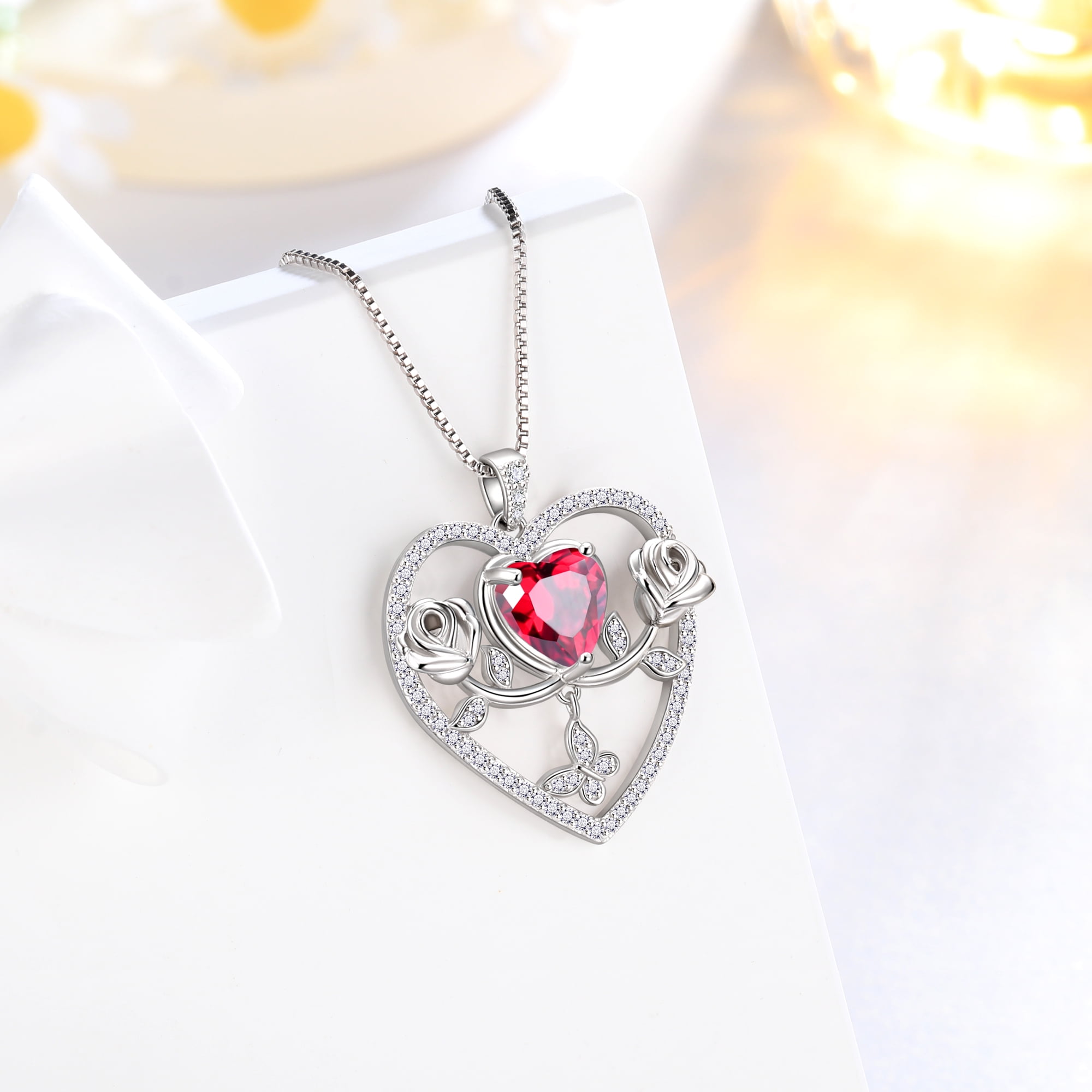 Beautlace 925 Sterling Silver Rose Heart Necklace,Butterfly Flower Pendant Necklace Jewelry Birthday Christmas Valentines Mother's Day Gifts for Women Mom Wife -July