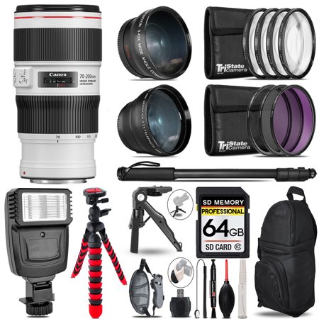 Canon EF 70-200mm f/4L IS II USM Lens -3 Lens Kit + Slave Flash + Tripod - 64GB Accessory Bundle