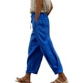 thumbnail image 2 of Women's Cotton Linen Pants, Elastic Drawstring Waist Casual Solid Color Trousers with Side Pockets, Spring Summer Lounge Pants for Women, Comfortable Daily Wear Pants Blue L, 2 of 4