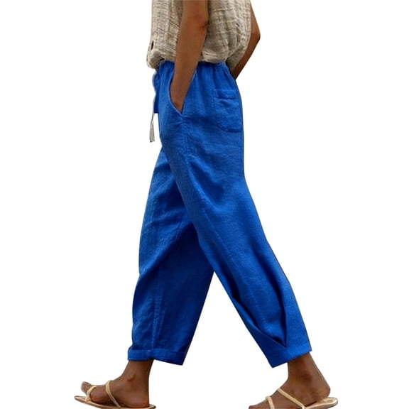 Outfmvch cotton linen pants women Lace Side Straight-legs Work Pants Women Gaucho Pant Gauze Drawstring Pull On Pants Boho Wide Leg High Waist Linen Beach Pants Cotton Linen Palazzo Pants Blue L