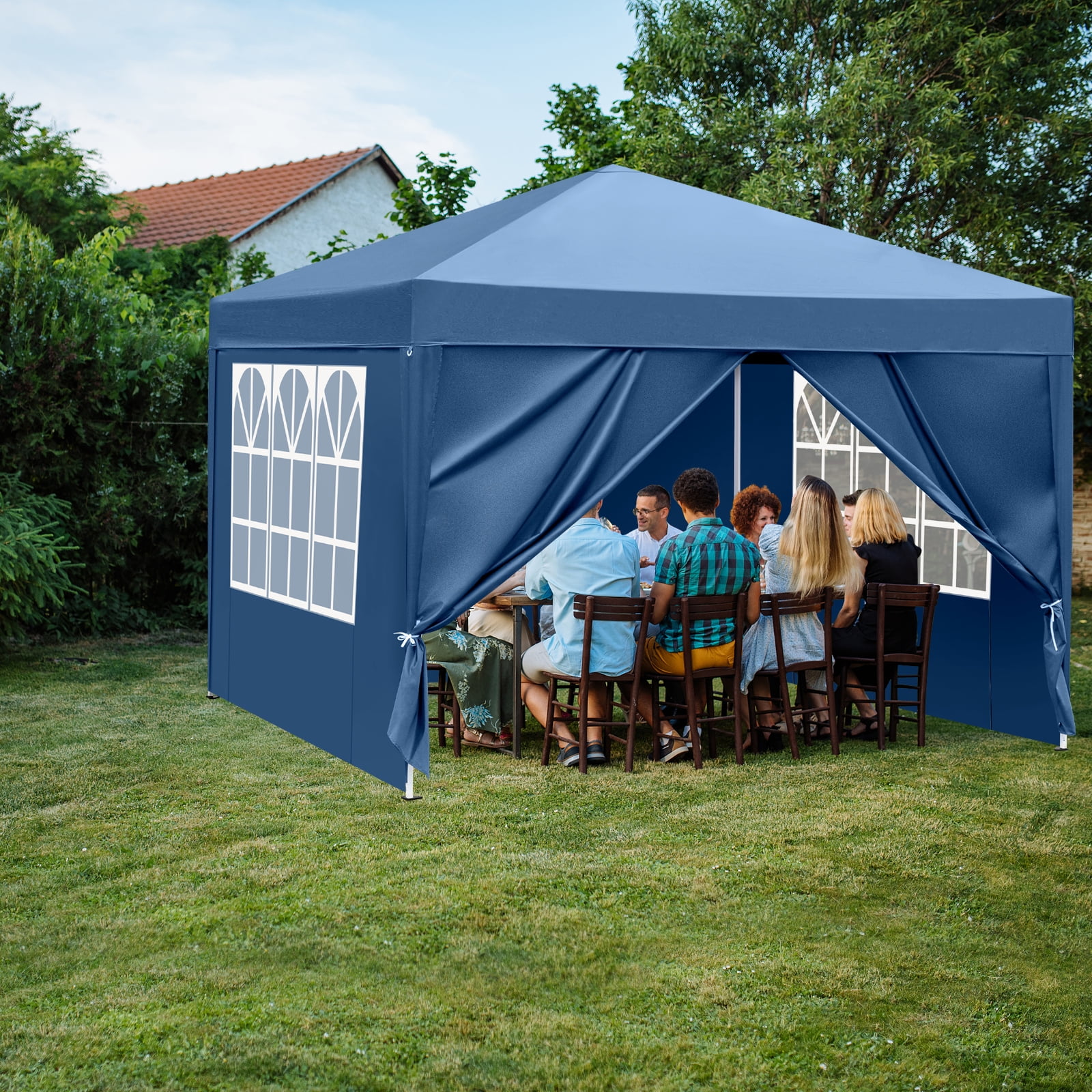 Zimtown 10' x 10' Folding Tent Gazebo Wedding Party Canopy Pop Up Instant Shelter W/ Two Doors & Two Windows and Carry Bag Blue