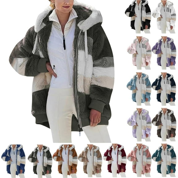 Jackets For Women Fuzzy Fleece Teddy Coat Color Block Faux Shearling Cardigan Warm Hooded Zip Up Outwear