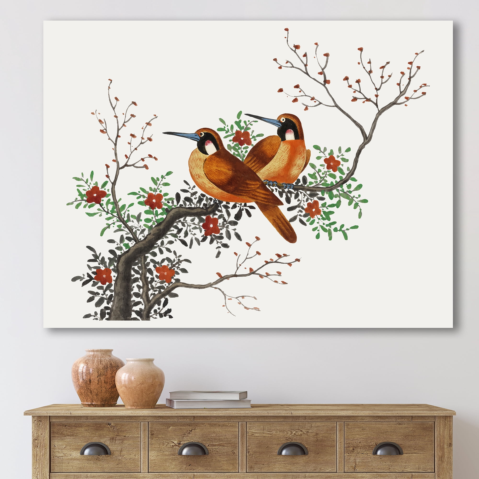 Designart ' A Flowering Tree Branch With Two Chinese Birds ' Traditional Canvas Wall Art Print