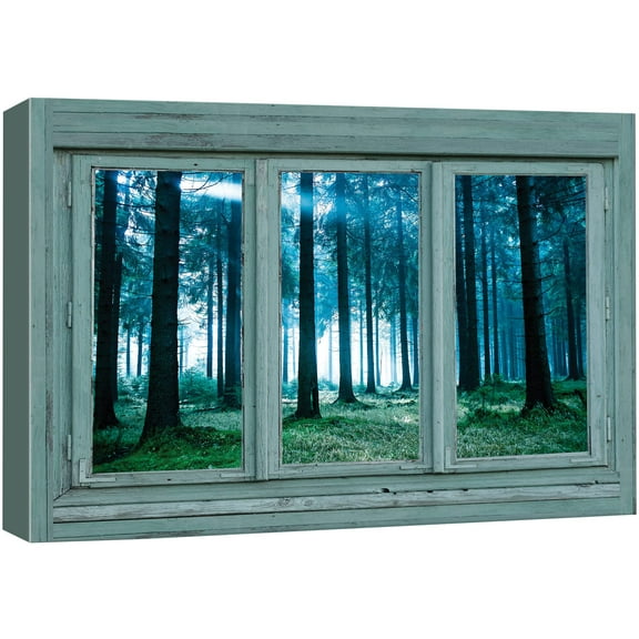 wall26 Vintage Teal Window Looking Out Into a Blue Foggy Forest - Canvas Art Home Art - 24x36 inches