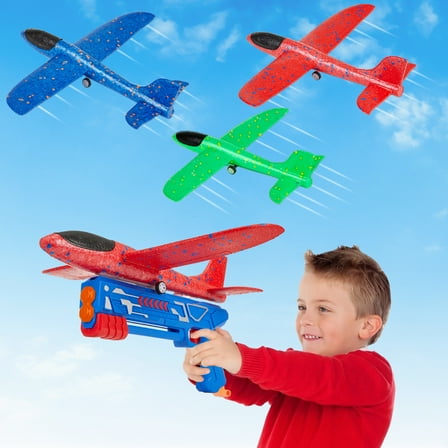 Zacro Airplane Launcher Toys(3 Pack ),  Foam Glider Catapult Airplane Toy for Boys Girls 4-12 Year Old, Outdoor Flying Toys Gifts, Red, Green, Blue
