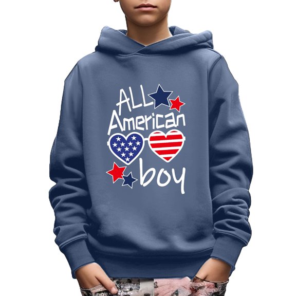"ALL American boy" Print Stars and Stripes Hoodie For Kids, Stylish Independence Day Long Sleeve Top, Boy's Clothes, As Gift Size:5T-14Y
