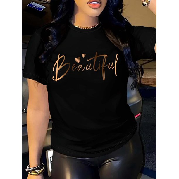 Letter Print Crew Neck T-Shirt, Versatile Short Sleeve T-Shirt For Spring & Summer, Women's Clothing