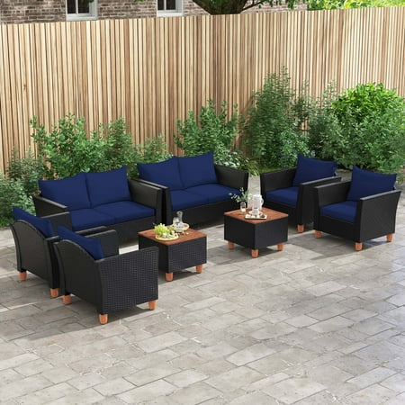 Costway 4 PCS Wicker Patio Furniture Set with Removable Cushions Storage Coffee Table - Navy,Black