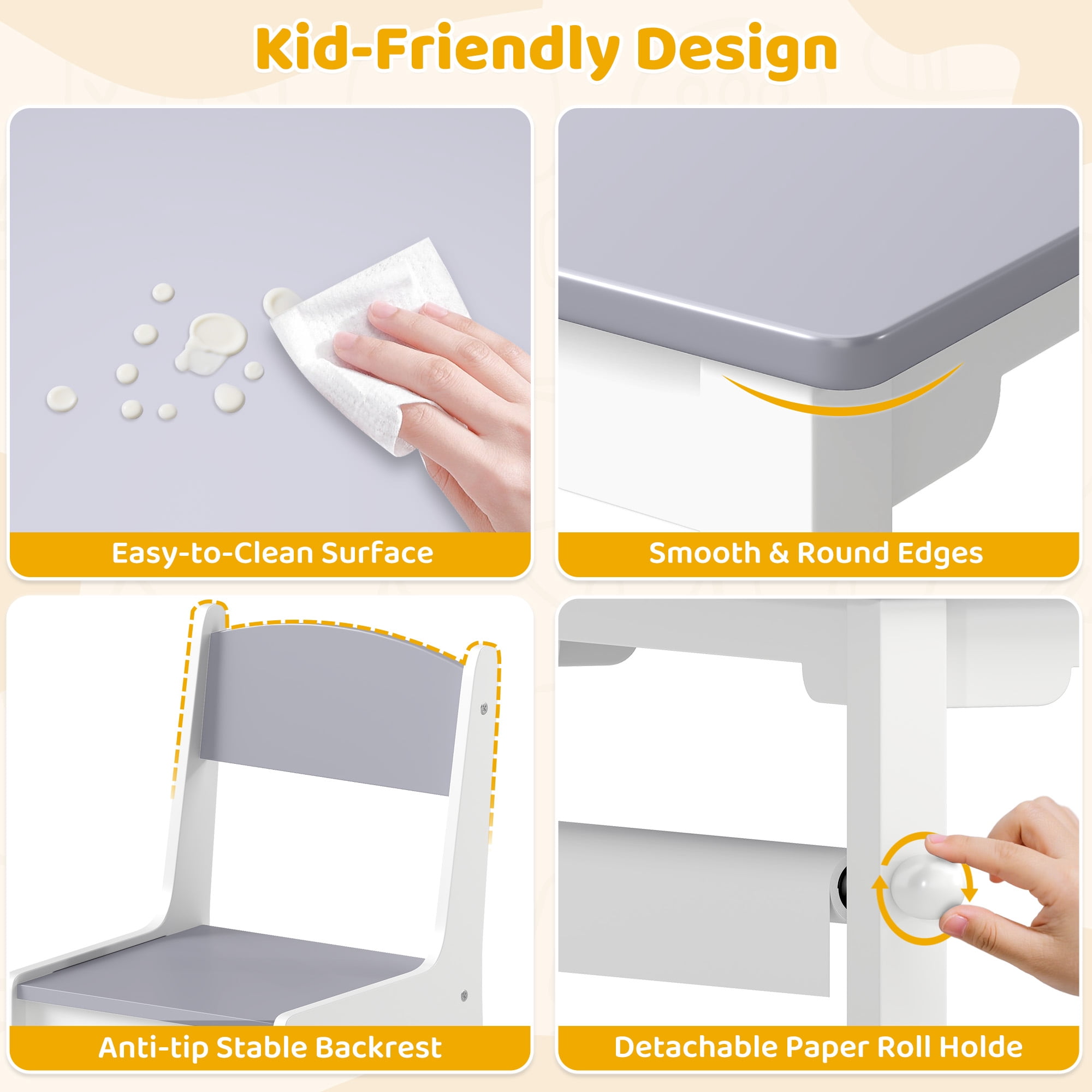 Kids Art Table and Chair Set, Craft and Play Wood Activity Table with Storage Bins and Paper Roll, Toddler Desk for Playroom/Nursery/Home, Kids Table and Chairs Set for Drawing/Learning/Read