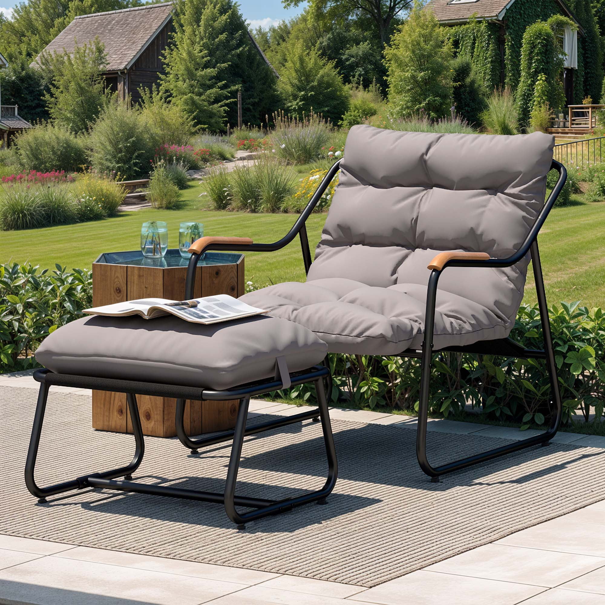 Uforic Patio Outdoor Lounge Chair with Ottoman, Comfy Sling Recliner Set, Textilene Papasan Chair with Puffy Cushion, Dark Gray