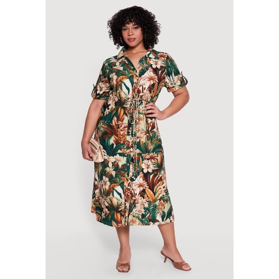 Women's Plus Size Floral Tie Waist Belted Midi Shirt Dress