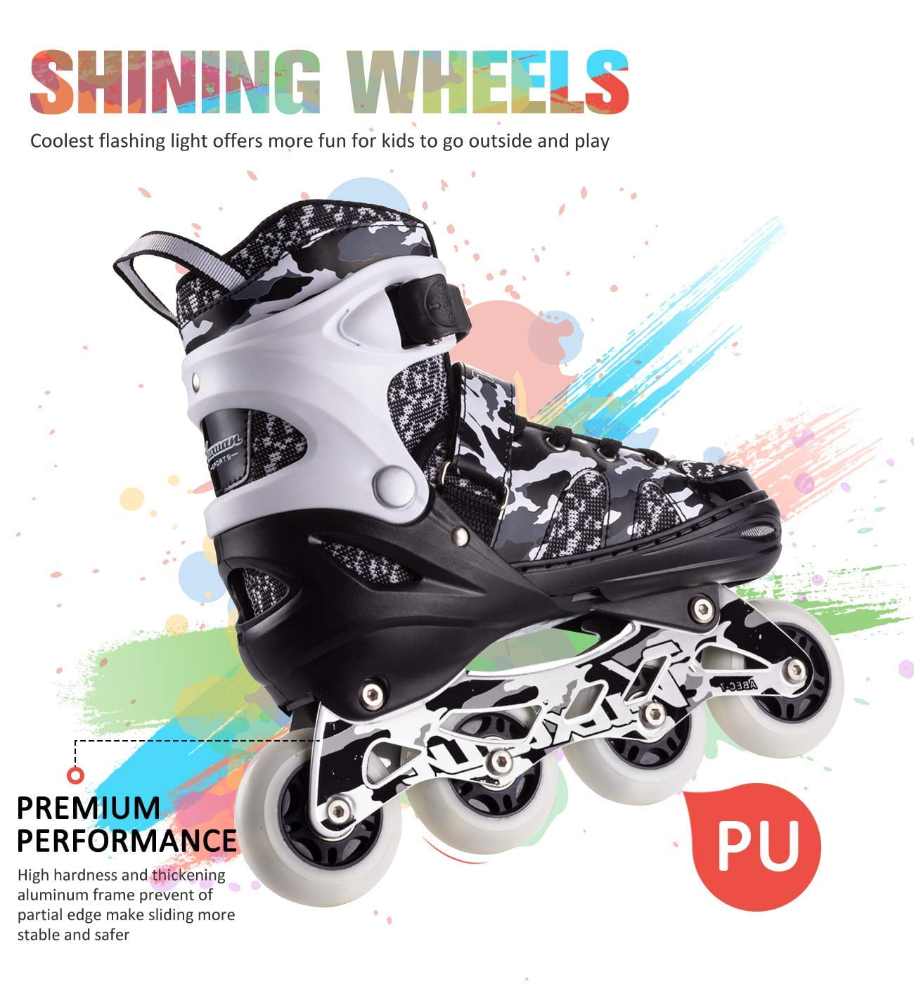 Kuxuan Skates Adjustable Inline Skates for Kids and Youth with Full Light Up Wheels Camo Outdoor Roller Blades Skates for Girls and Boys Beginner - Black Large(3Y-6Y US)