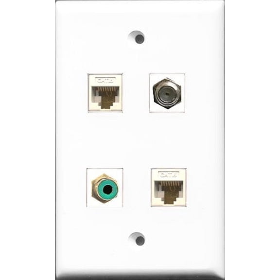 RiteAV 1 Port RCA Green and 1 Port Coax Cable TV- F-Type 2 Port Cat6 Ethernet White Wall Plate