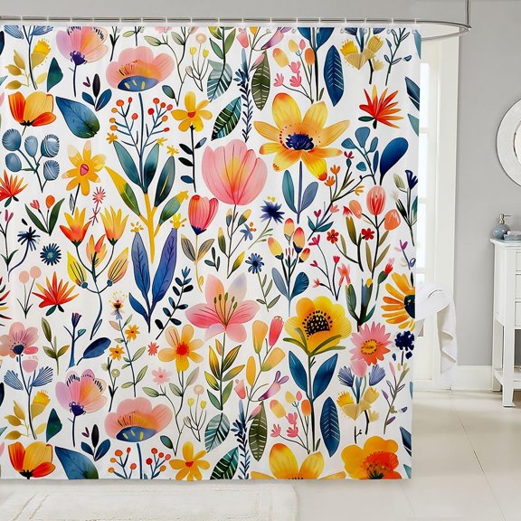 Watercolor Floral Shower Curtain Botanical Flowers Fabric Bathroom Decor with Hooks 71x71 inches Multicolor