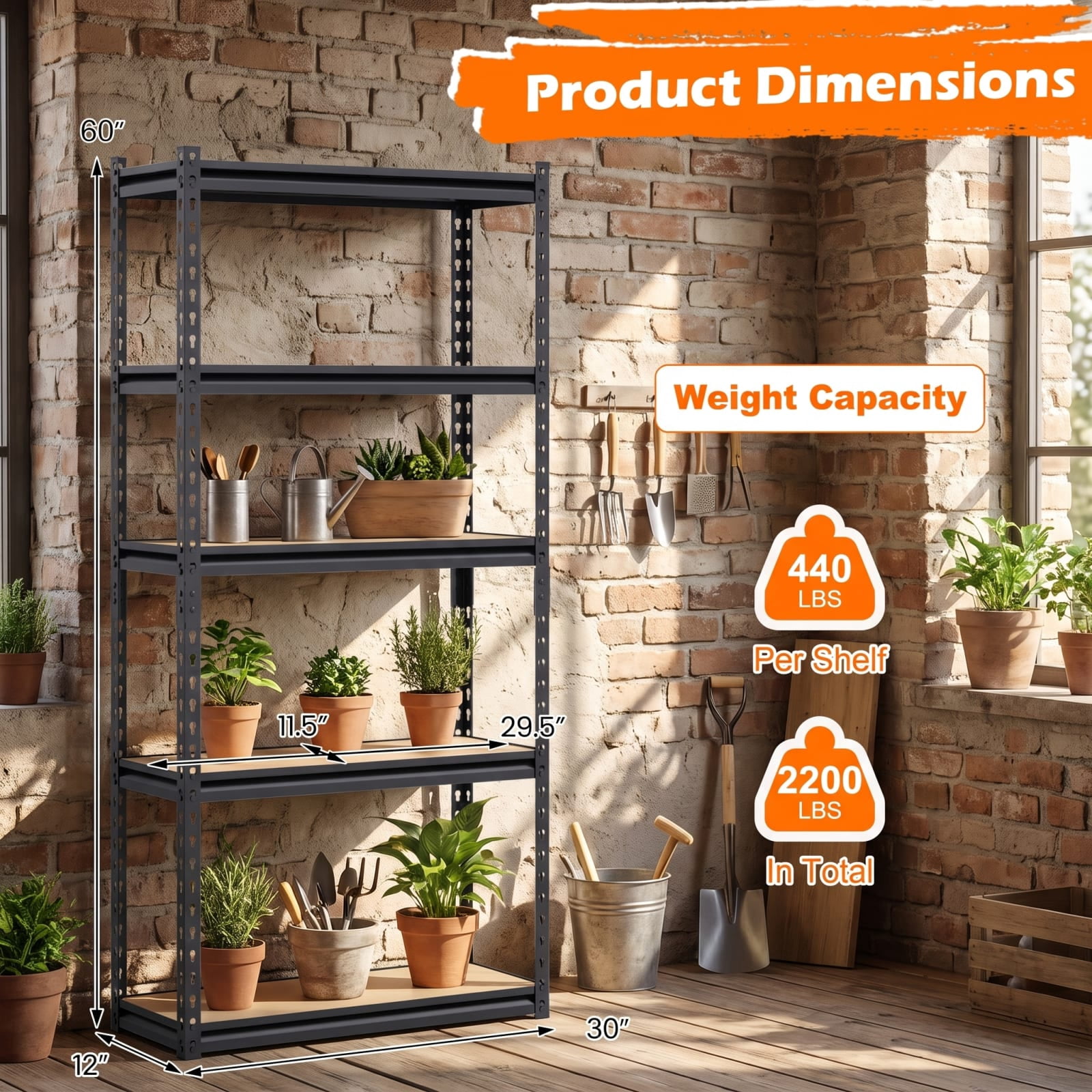 Biotree 5-Tier Metal Shelving Unit 2200 lbs Capacity with Adjustable Shelves 30" × 12" × 60" for Garage Warehouse, Black