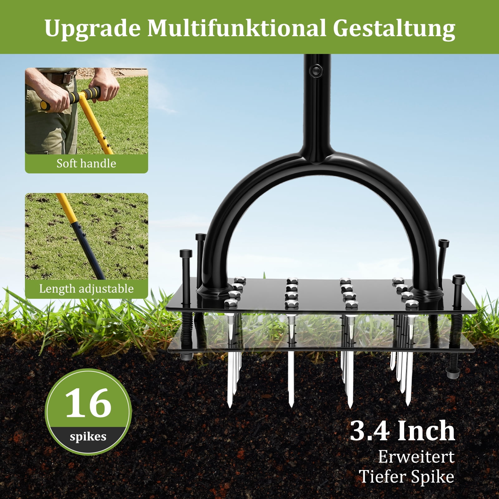 Austok Lawn Aerator Spikes Aerating Tool Metal Manual Auto Soil and Leaf Clean Design Pre Assembled 16 Spikes for Yards Lawn Gardening