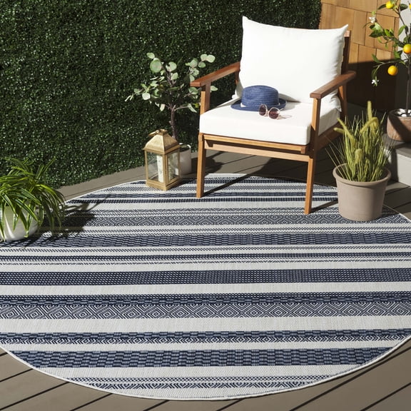 SAFAVIEH Beach House Merrilyn Striped Indoor/Outdoor Area Rug, Navy/Ivory, 6'7" x 6'7" Round