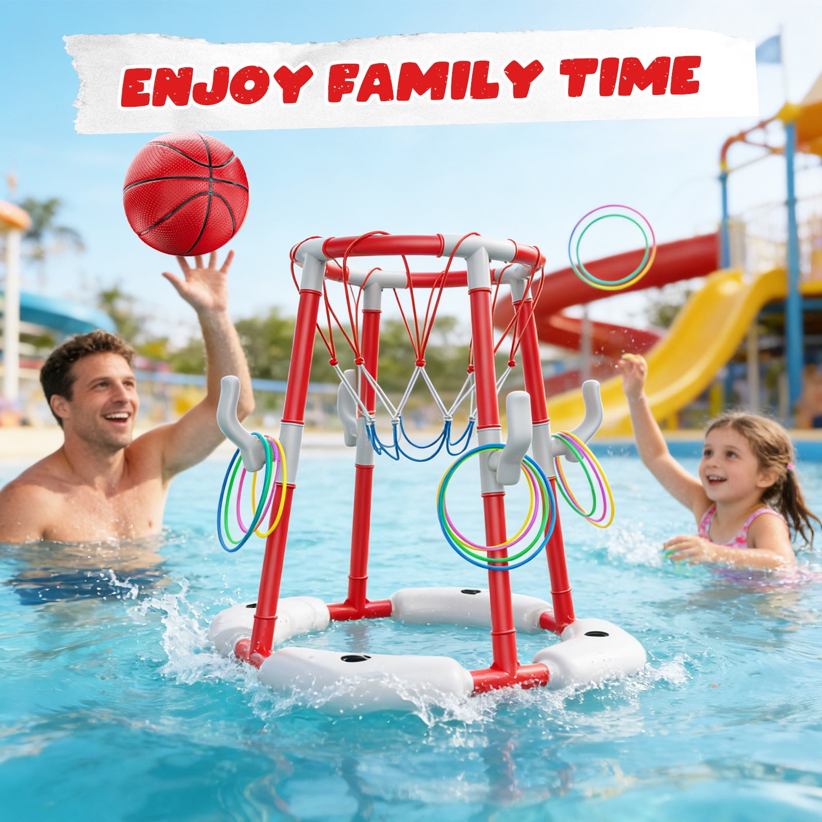 JoyStone 2-in-1 Floating Pool Basketball Hoops & Pool Ring Toss Game, Pool Basketball Toys with 3 Balls & 12 Rings, Inflatable Swimming Pool Toys for Toddlers, Red