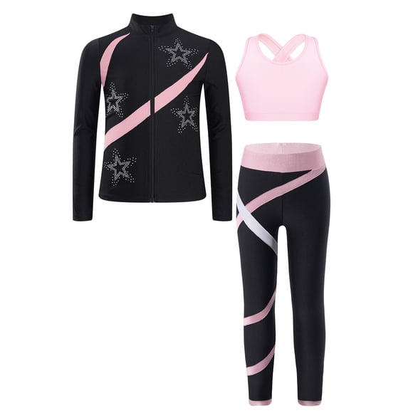 iiniim Girls Ice Skating Training Outfits Long Sleeve Figure Skating Jacket with Crop Top and Pants Set Pink 12
