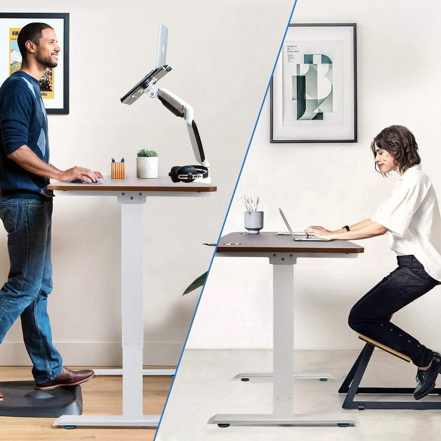 Electric Standing Desk, 55 x 28 Inches Height Adjustable Dual Motor Stand up Desk Workstation, Full Sit Stand Home Office Table, Whole-Piece Desk Board (White Frame/Brown Walnut Top)