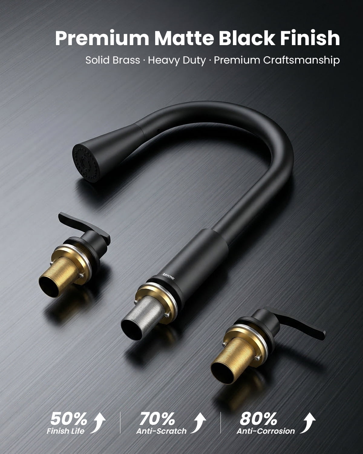 DAYONE Matte Black 3 Hole Kitchen Faucet with Separate Handle and Pull Down Sprayer, 2 Handle Sink Faucets for Kitchen RV Laundry Bar