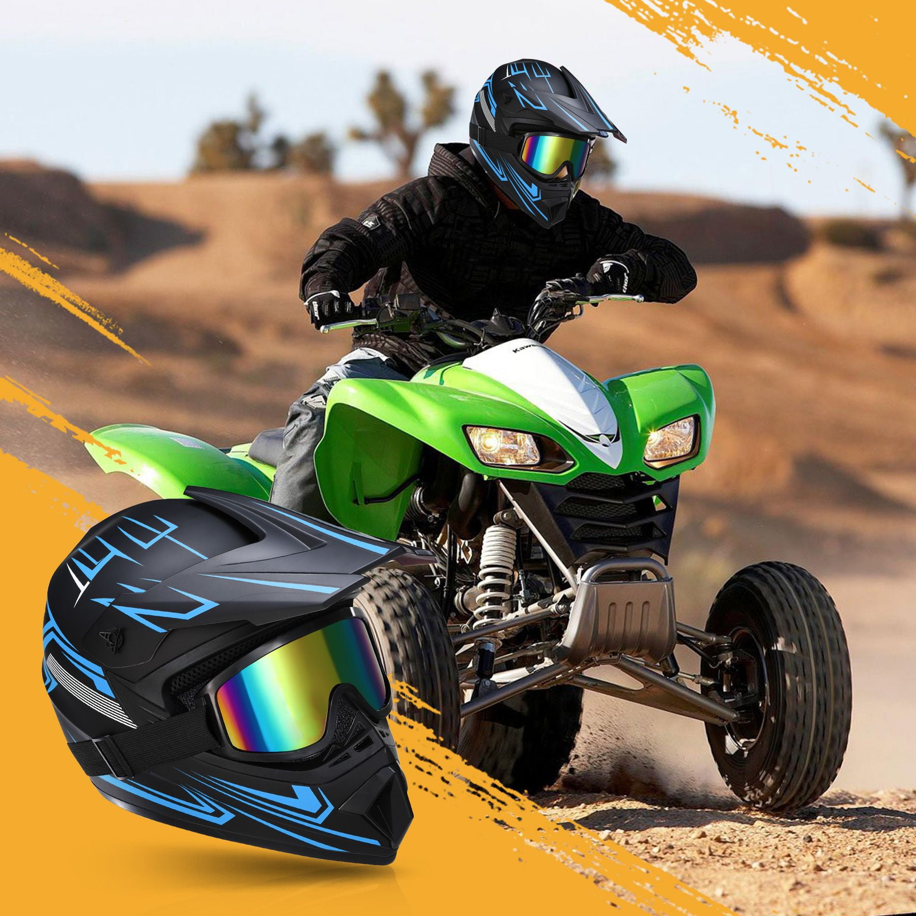 Oryxearth Motocross Dirt Bike Helmet, Off-Road Motorcycle & ATV Helmet with Goggles Gloves, Blue, M