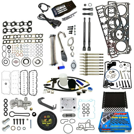 Ford 6.0L 6.0 Powerstroke Kit - 2004.5-2006 - Tuner ARP Studs 18MM Head Gaskets Oil Cooler Stand Pipes Coolant Kit Cap Glow Plugs STC Blue Spring Valve Cover Rocker Box Intake Exhaust Gaskets (Best Tuner For 6.7 Powerstroke)