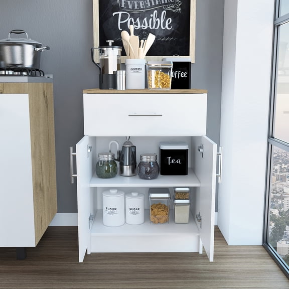 FM Furniture Oxford Wood Pantry Cabinet with Counter Top in White/Light Oak