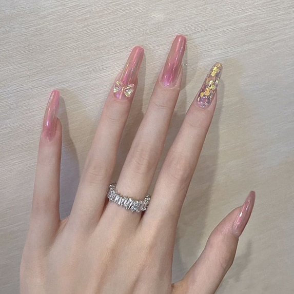 24pcs Nail Tip Green Rhinstones Full Cover Pink Bow DIY Fake Nails French Coffin Long Ballerina Transparent Love Heart Crystal Z-438