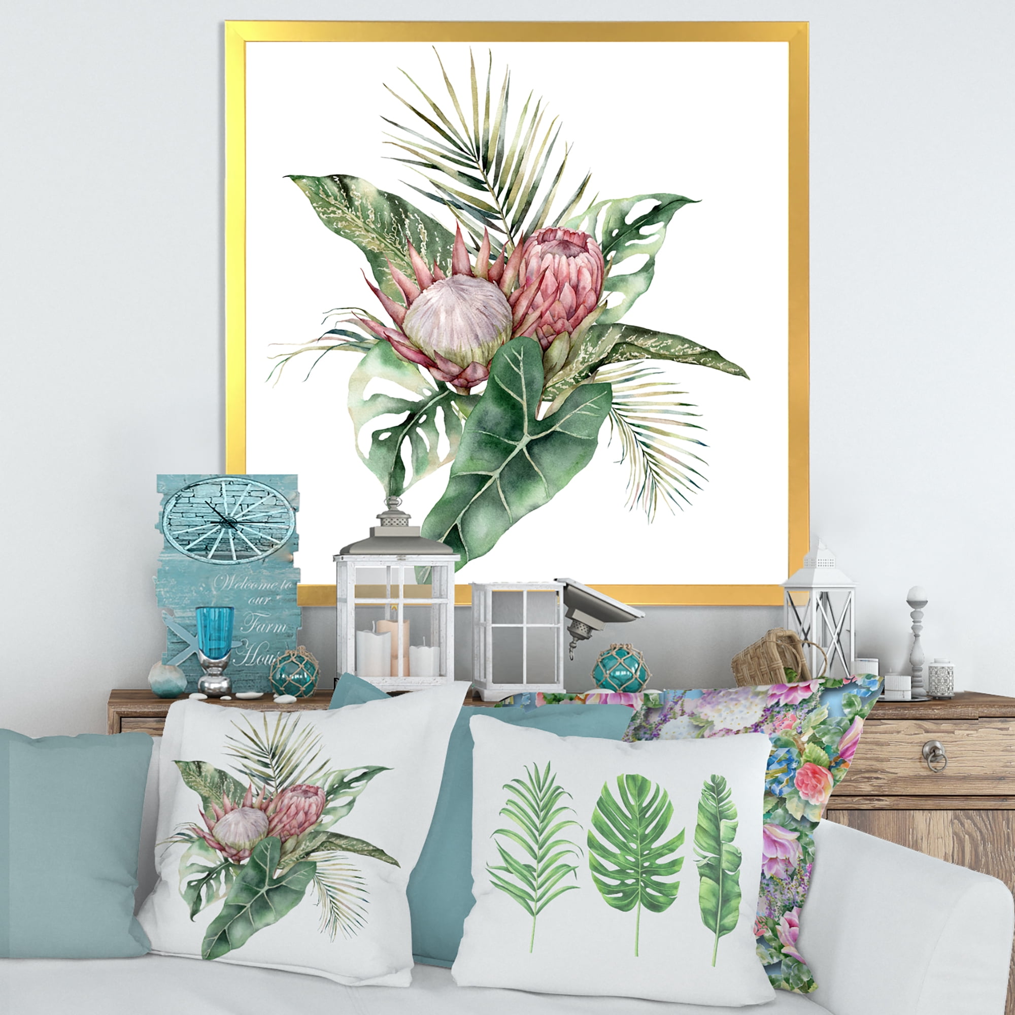 Designart 'Queen Proteas Palm & Monstera Leaves' Traditional Framed Art Print