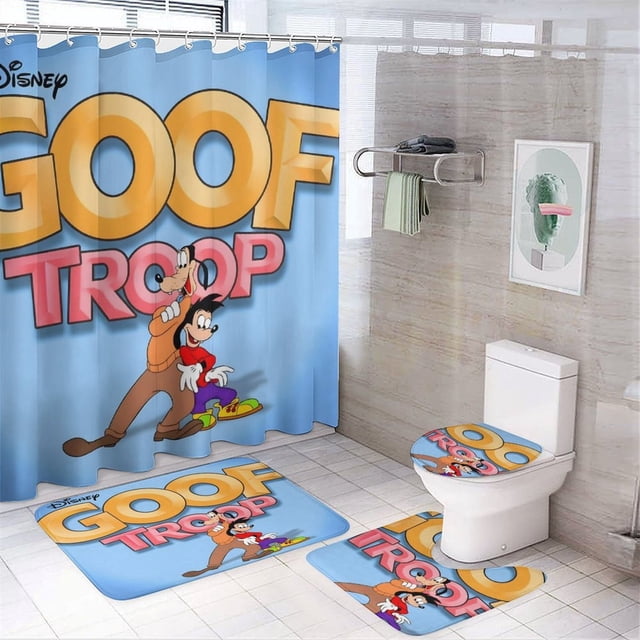 La tropa Goofy-theme 4-Piece Shower Curtain Set with Rugs, Waterproof Bathroom Decor Set Includes Bath Mat, U-Shaped Rug, Toilet Lid Cover and Curtain with Hooks