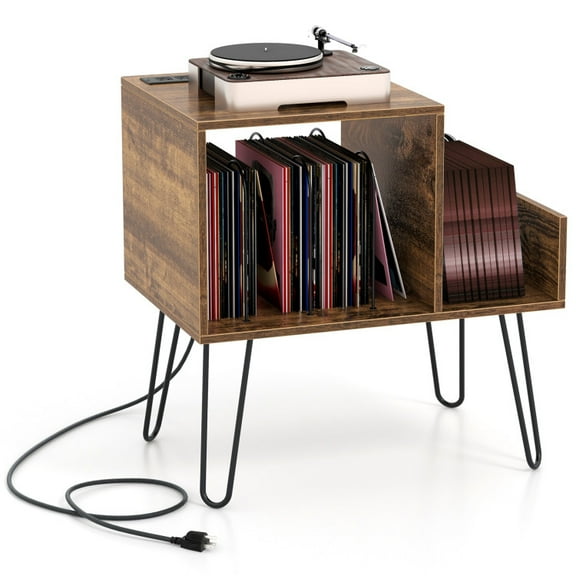 Mid-century Record Player Stand with Power Outlet and Vinyl Divider
