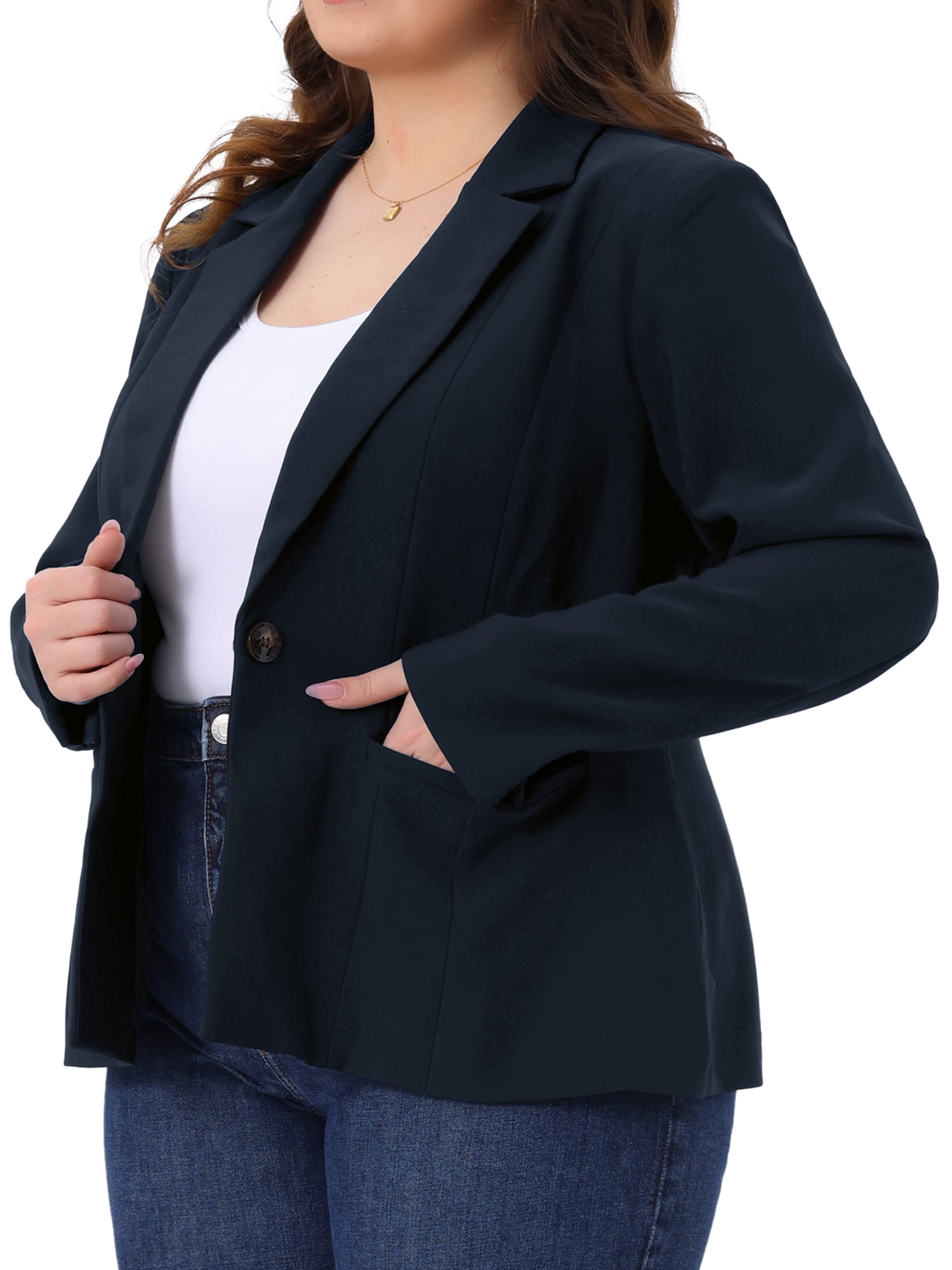 DARING DIVA Women's Plus Casual Long Sleeve Notched Lapel Business Blazer 1X Dark Blue
