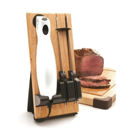 Draizee Electric Kitchen Knife with Wooden Storage Tray Durable and Comfortable Handling Steel Blades for Meat Carving and Bread (Best Knife For Cutting Frozen Meat)