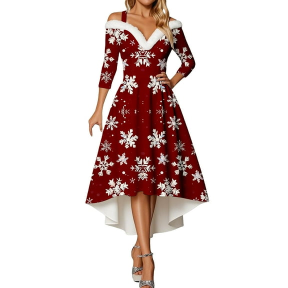 IWRICH Women's off Shoulder Christmas Graphic Dresses Warm Shaggy V Neck Dress Xmas Tree Snowflake High Low Cocktail Skirts 2025 Wine XL