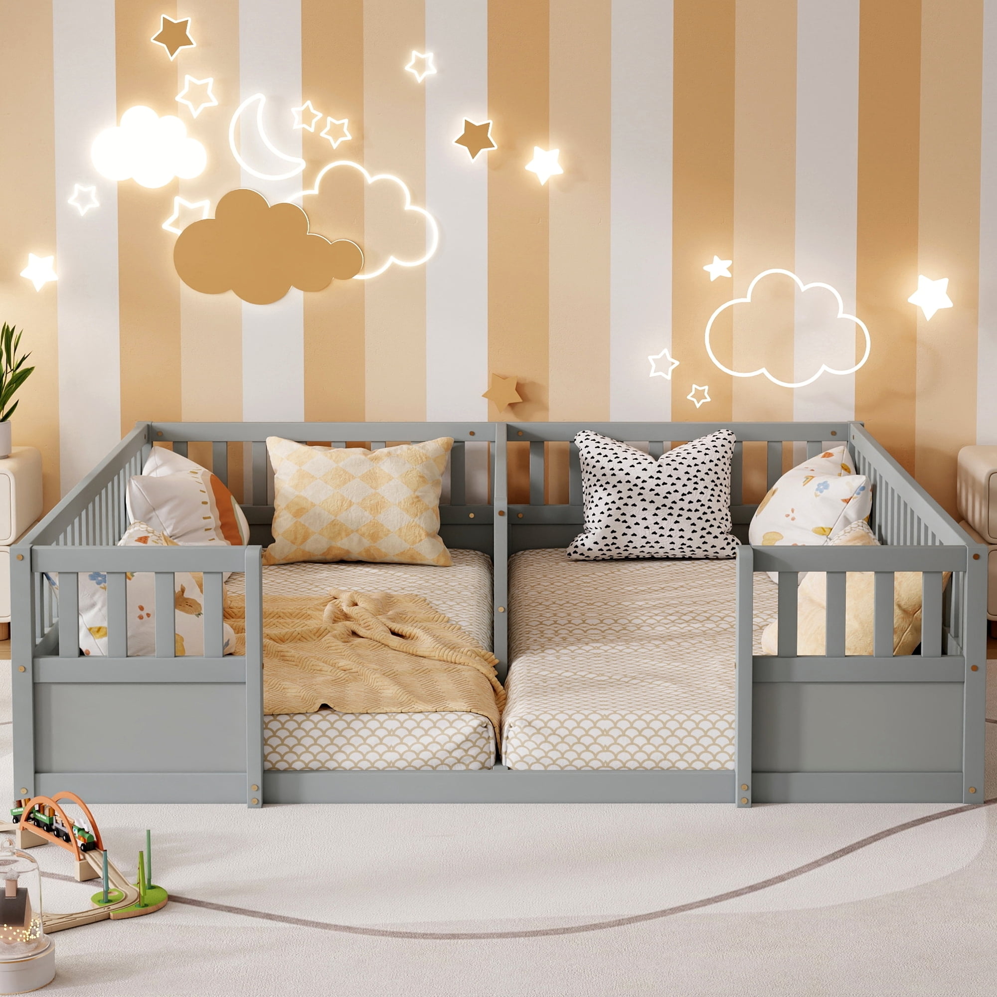 Leumius Double Pine Wood Twin Floor Bed with Semi-Enclosed Safety Guardrails, Open Entrance for Kids Bedroom Grey