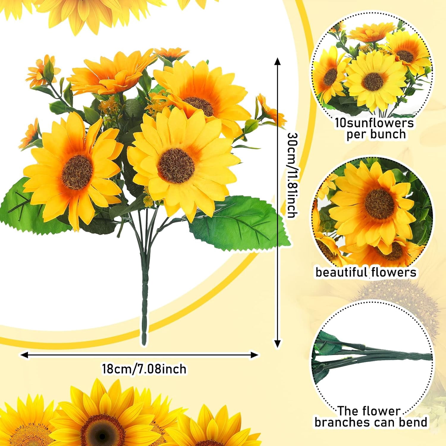 10 Bundles Sunflower Artificial Flower with Stems Bouquet Fake Plants Bulk UV Resistant Plastic Greenery Faux Outdoor Flower No Fade for Garden Porch Window Box Decorating