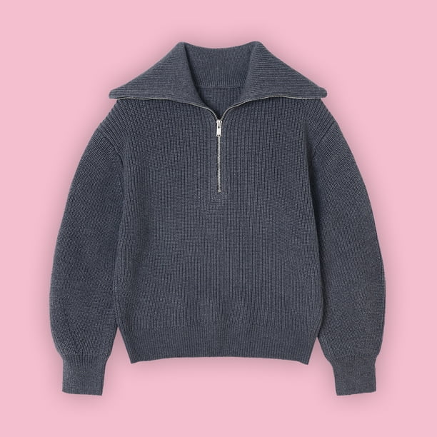 Suéter de mujer con media cremallera y cuello a rayas, jersey de manga larga, jersey informal para mujer