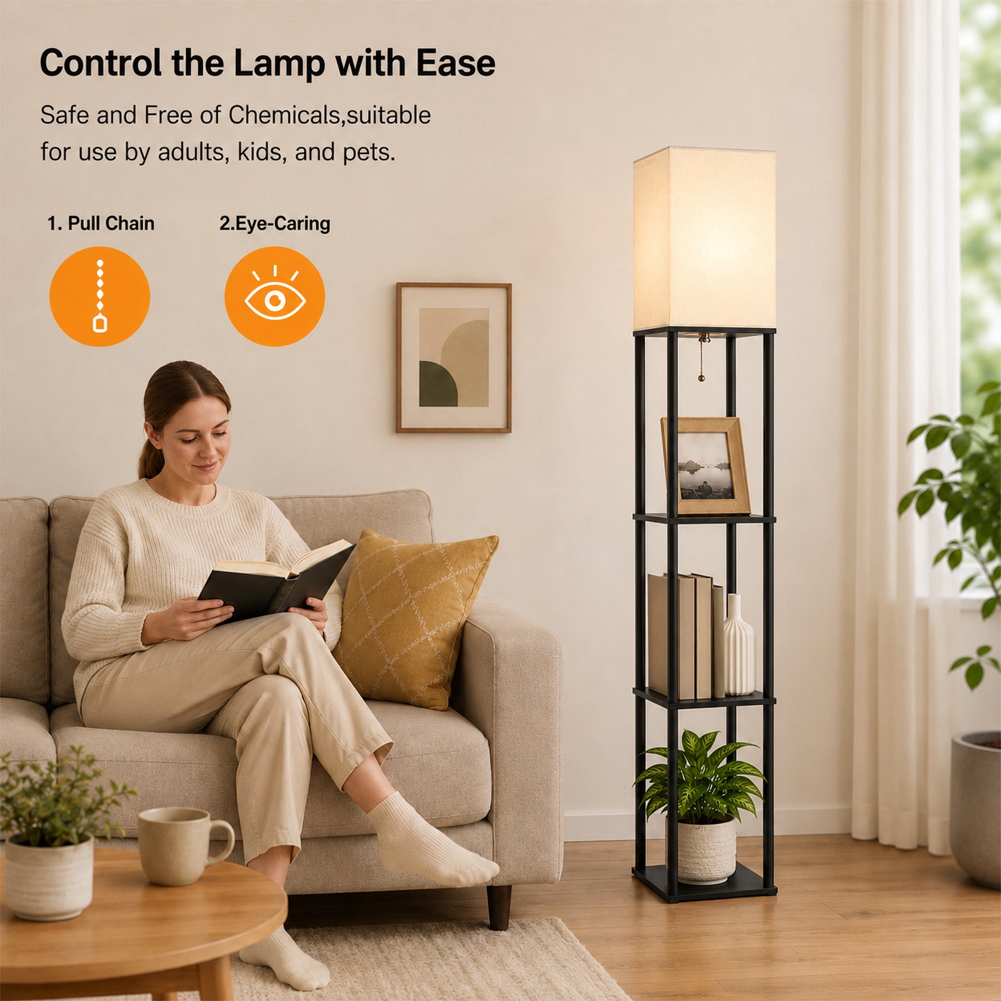 DAYBETTER Floor Lamp With Shelves, 62” Black Shelf Floor Lamp with 9W LED Bulb, 3 Color Temperature, Modern Standing Lamp for Living Room, Bedroom, Office, Corner