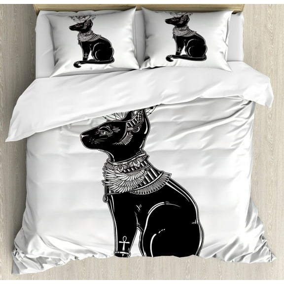 Occult Duvet Cover Set Queen Size, Vintage Legendary Mystical Egyptian Cat Sphinx Icon Eastern Design Artwork Print, Decorative 3 Piece Bedding Set with 2 Pillow Shams, Black Grey, by Ambesonne